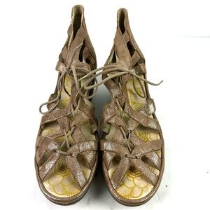 Fly London Yuke Lace Up Sandals 41 Gold Tan Metallic Leather Wedge Strappy